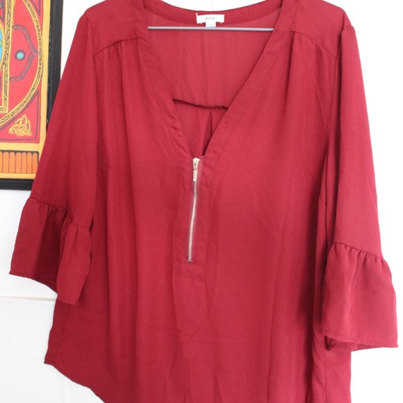 3/$20 Burgundy Blouse With Flared Sleeves & Zipper - Picture 7 of 9